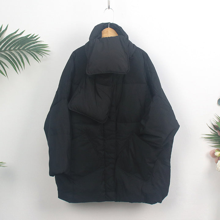 Women's down coat with scarf, mid-length, loose fit