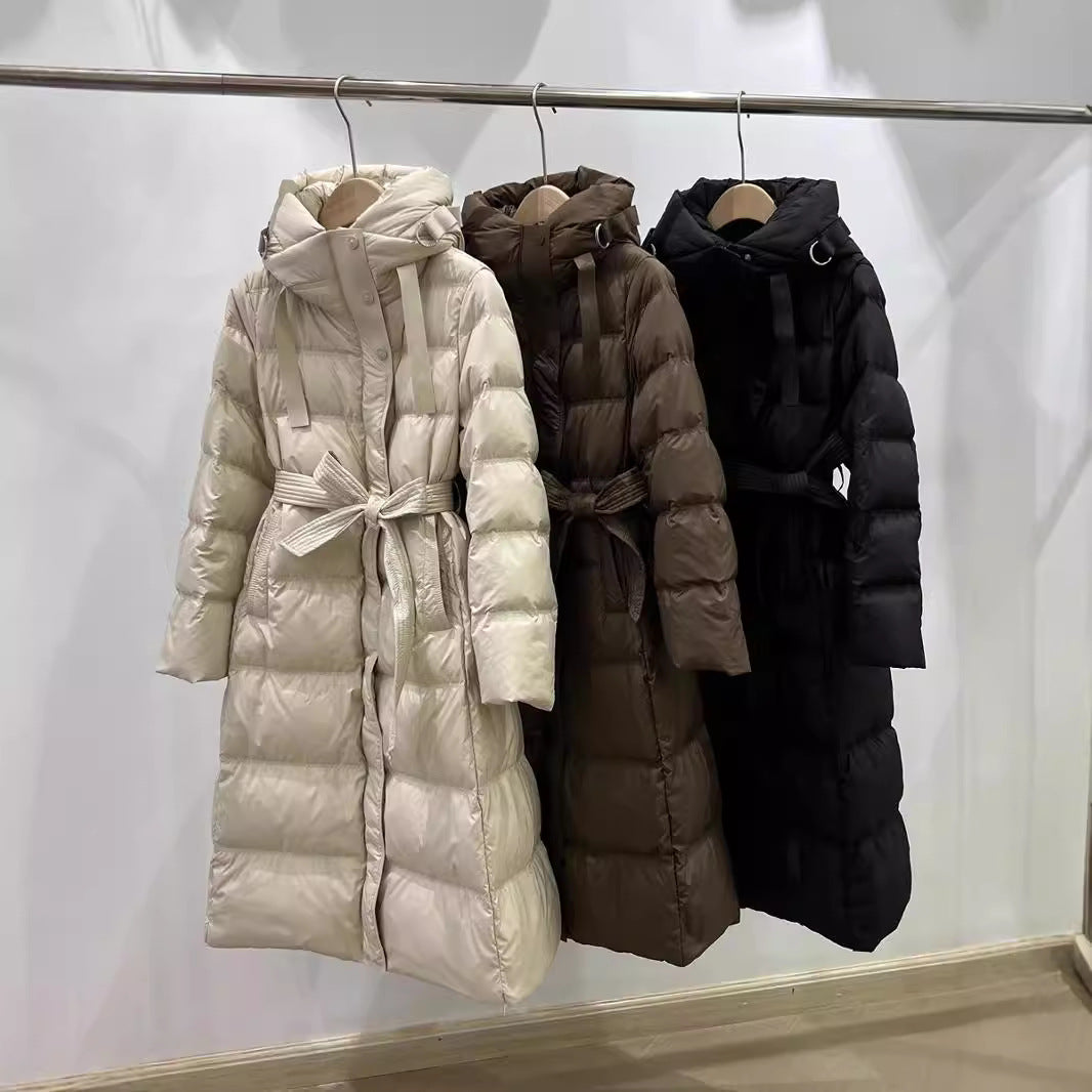 Long down coat with hood, tailored, knee-length