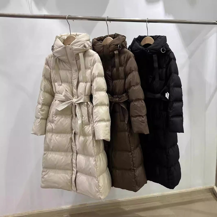 Long down coat with hood, tailored, knee-length