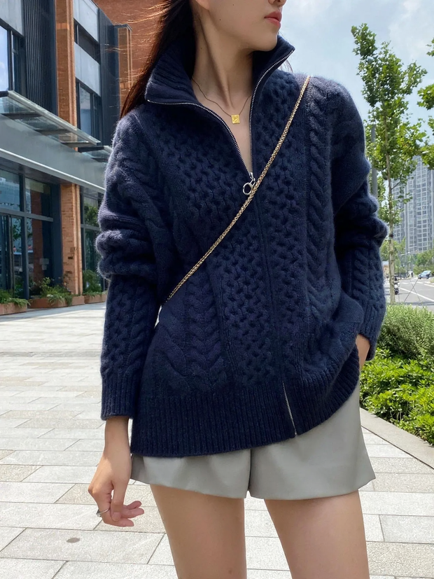 Women's wool cardigan, high collar, with zipper, cable pattern