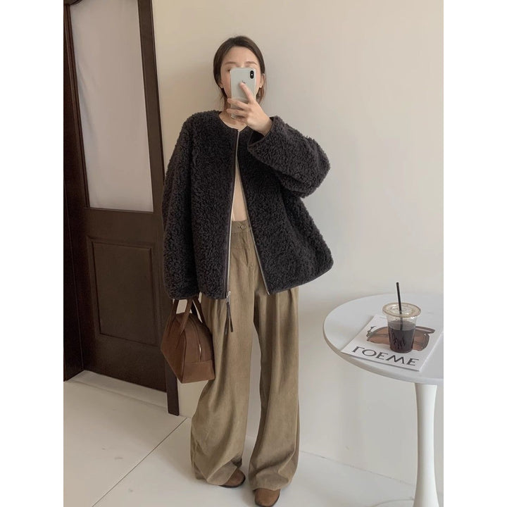 Sheep fur coat for women, round neckline
