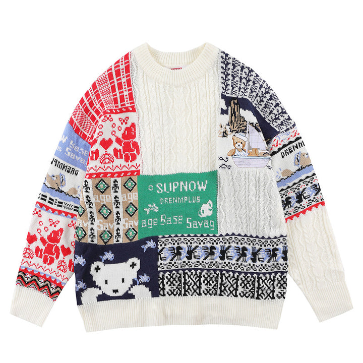 Retro knitted sweater with cable pattern and bear design