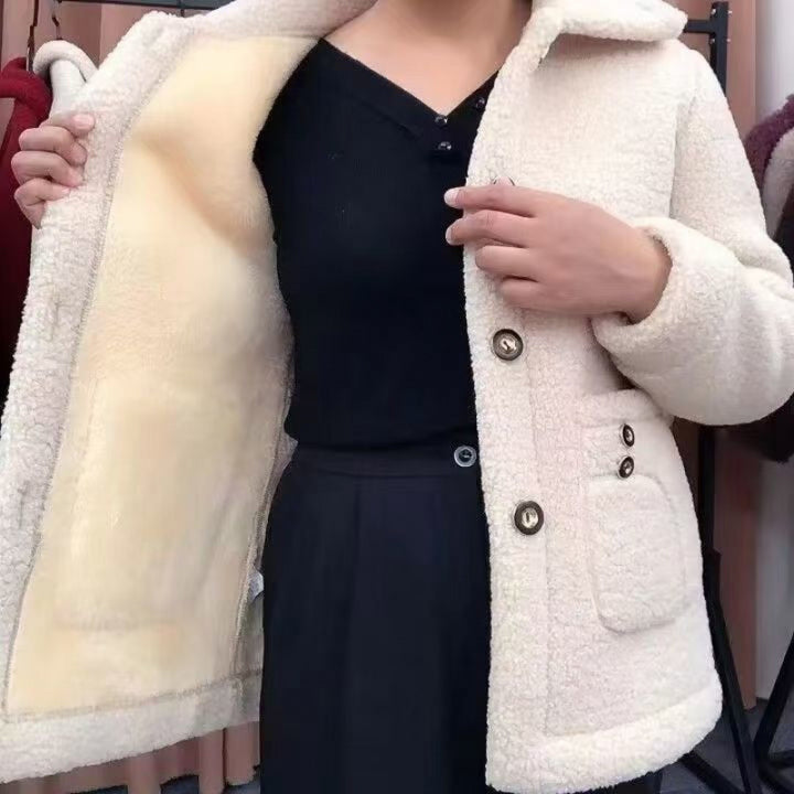Lamb fleece coat, lined, mid-length, winter