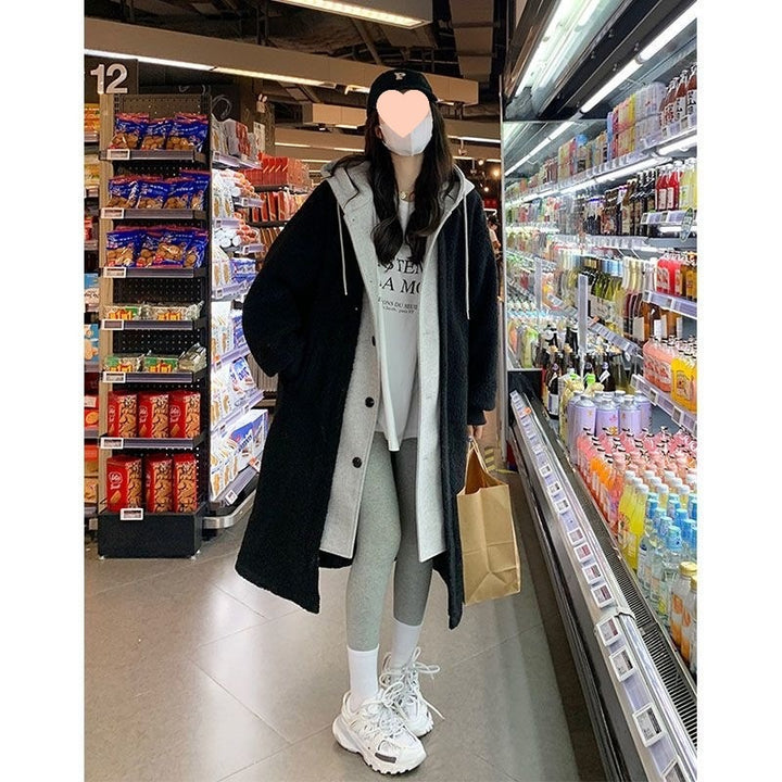 Long lamb fleece coat with hood and tie belt