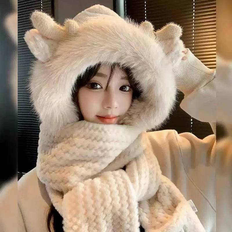 Women's Winter Set: Plush Hooded Hat with Scarf and Gloves