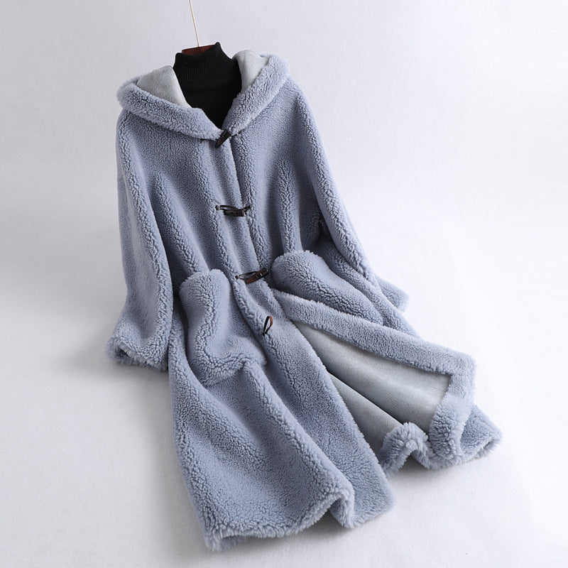 Women's sheepskin coat with hood, mid-length