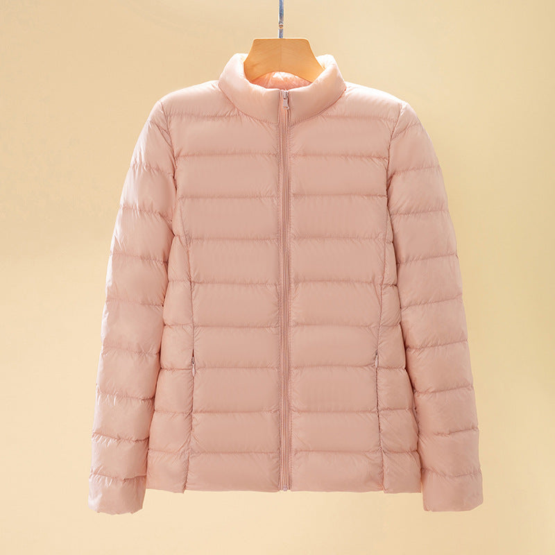 Short women's down jacket with standing collar