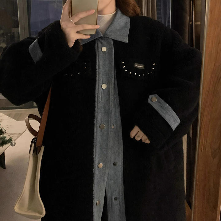 Women's coat in lambskin look, mid-length, lined