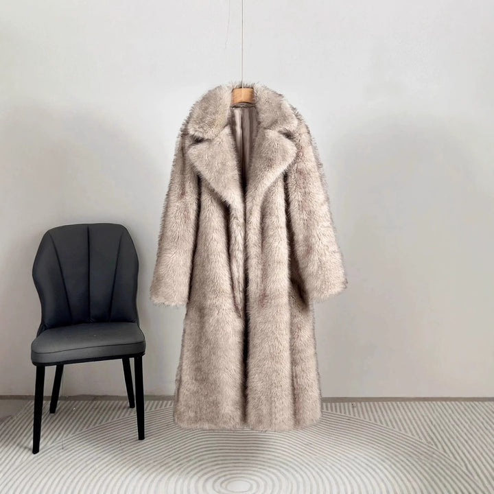 Long faux fur coat with lapels for women