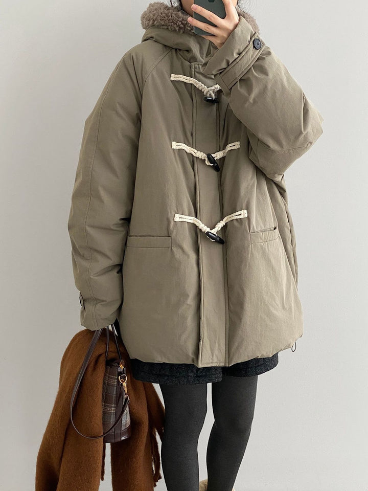 Down coat with hood and toggle buttons