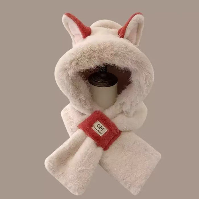 Women's Plush Hooded Scarf with Bear Design