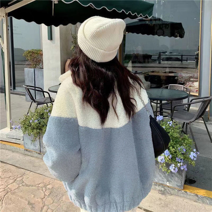 Lamb fleece jacket for women, loose fit, patchwork design