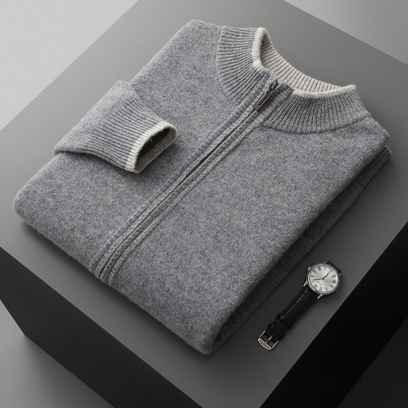Men's zip-up cardigan with stand-up collar