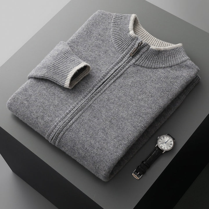 Men's zip-up cardigan with stand-up collar
