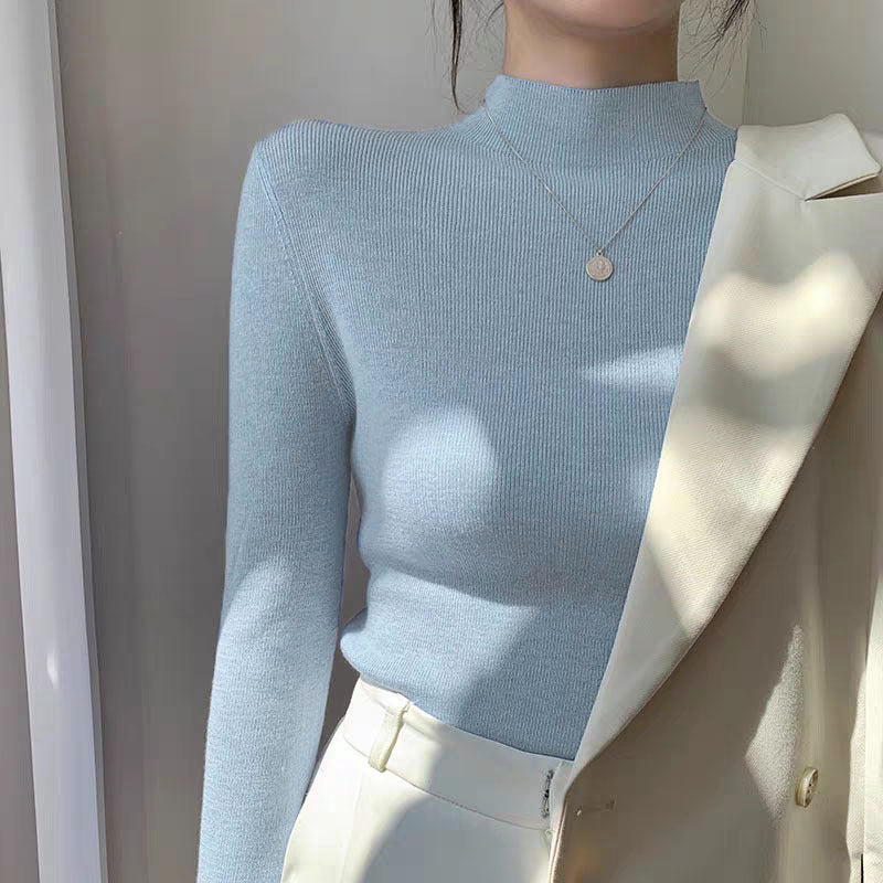 Women's knitted sweater with small stand-up collar