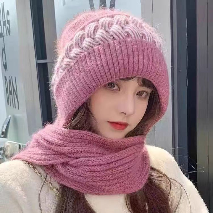 Knitted hat and scarf set, lined, windproof
