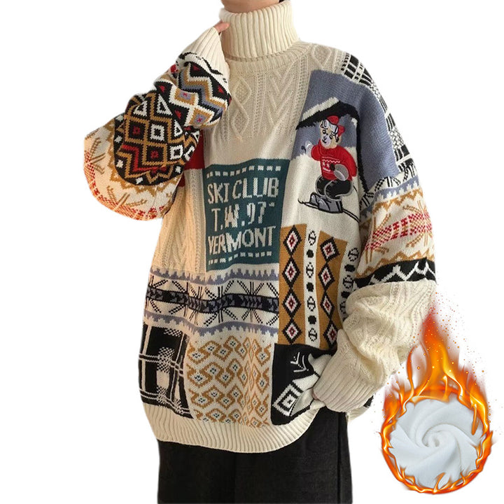 Men's knitted sweater with bear embroidery and stand-up collar