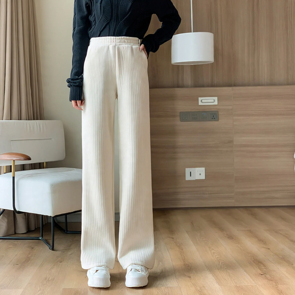 Fleece-lined cord wide pants for women, straight cut