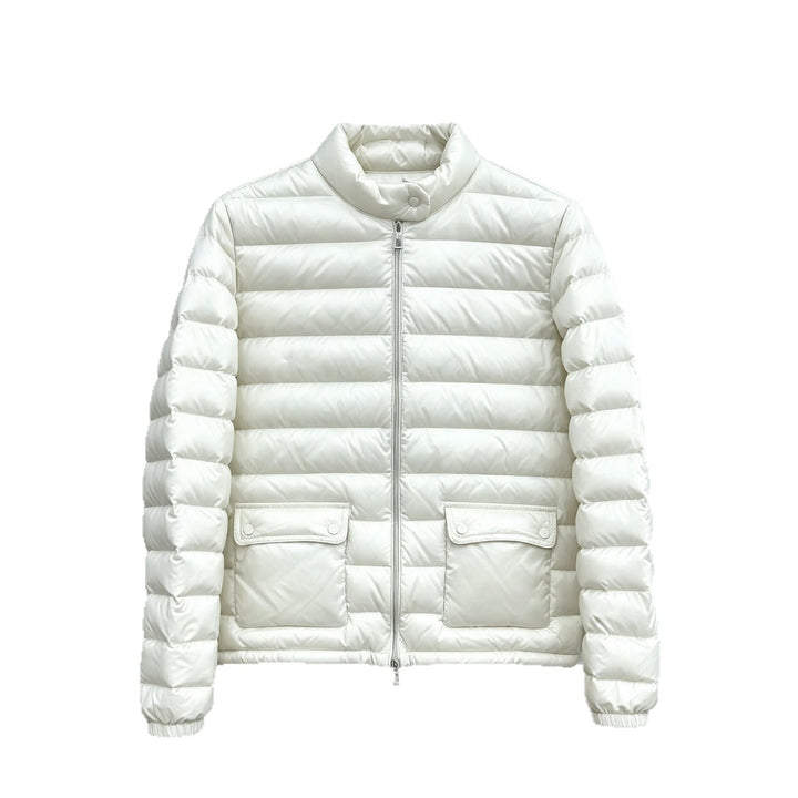 Light women's down jacket, stand-up collar, white goose down