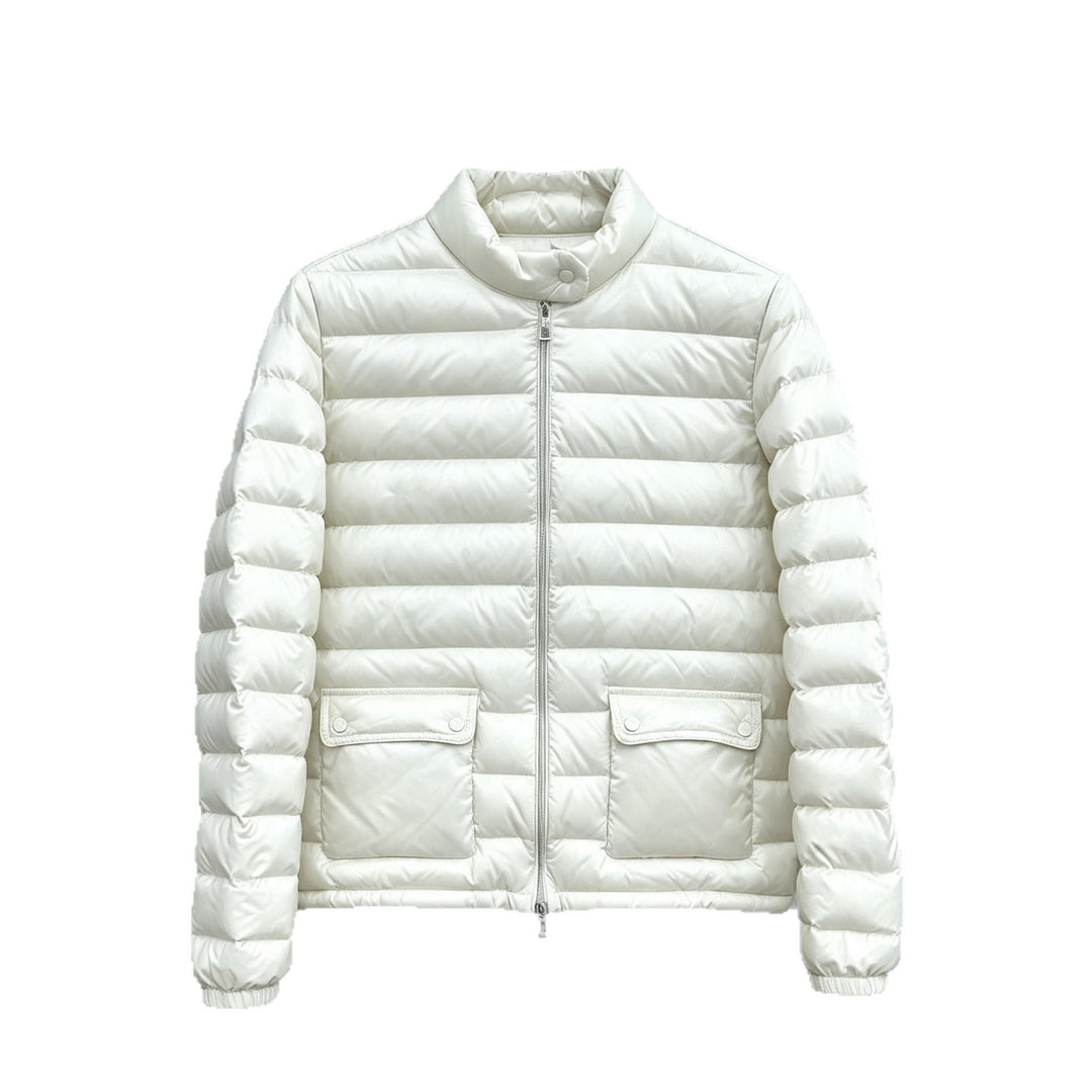 Light women's down jacket, stand-up collar, white goose down