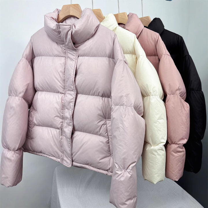 Short down jacket for girls, 95% white duck down, stand-up collar