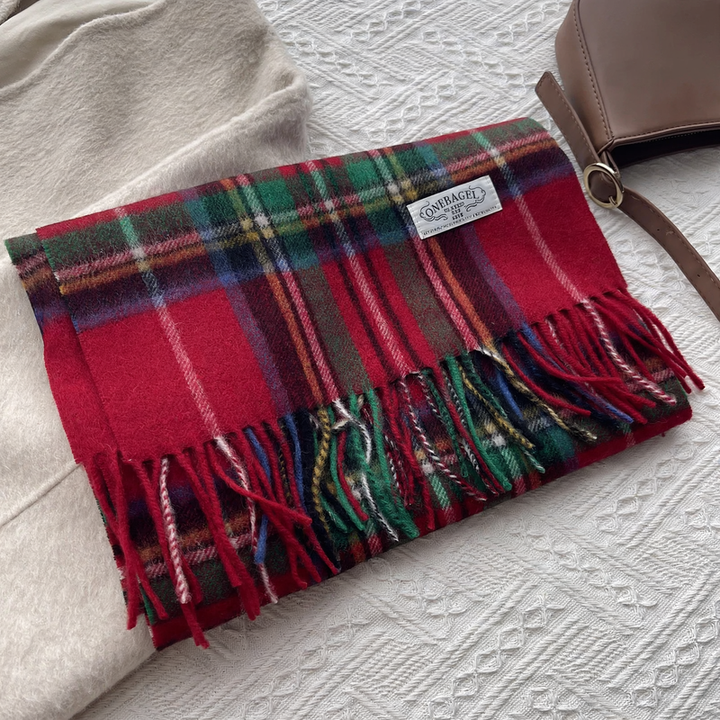 Checkered wool scarf with fringes, 180x30 cm