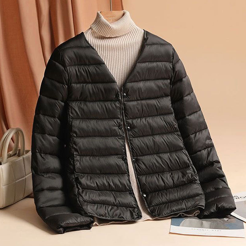Women's quilted jacket, lightweight, fitted, with V-neck