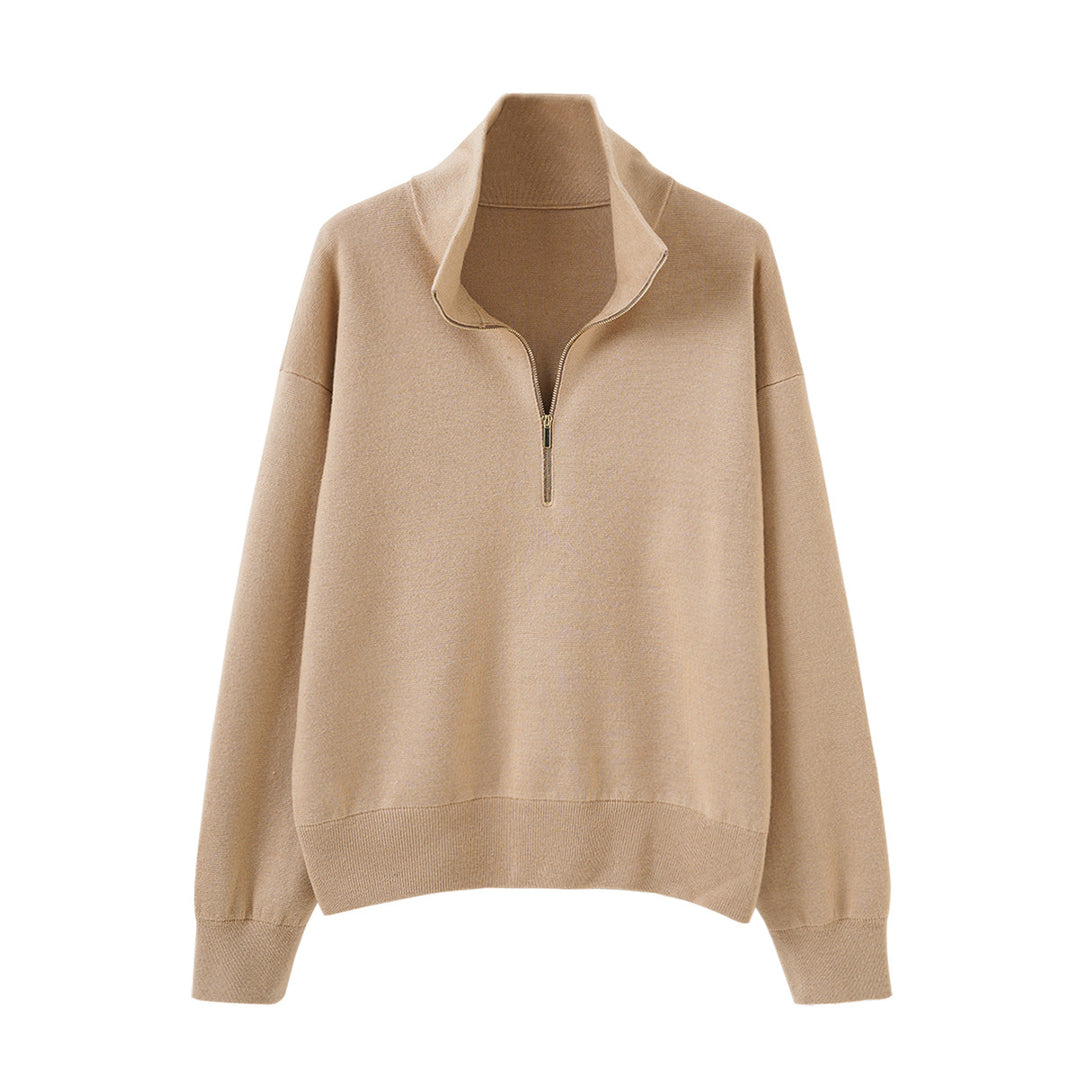 Women's knitted sweater with zipper and stand-up collar