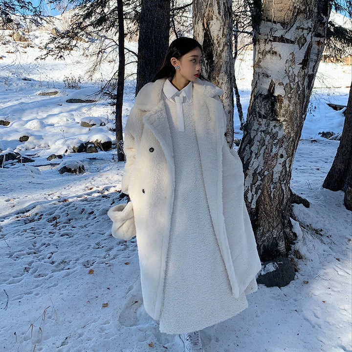 Longer, padded lamb fleece imitation coat