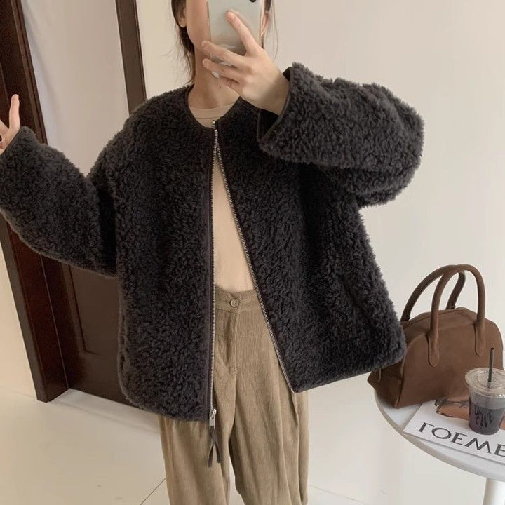 Sheep fur coat for women, round neckline