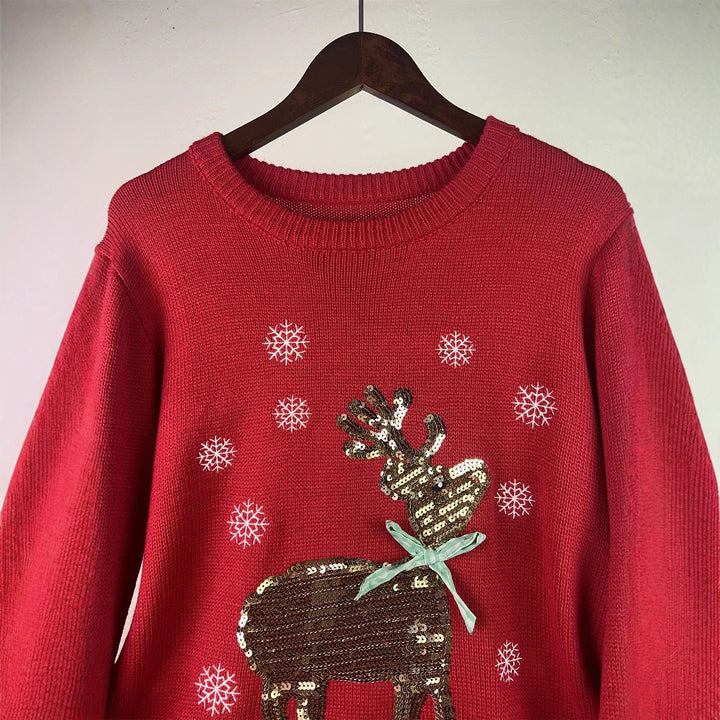 Women's Christmas sweater with reindeer embroidery and sequins