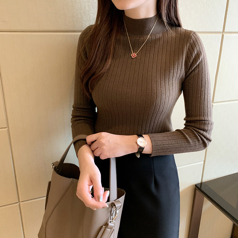Women's knit sweater with stand-up collar, thin
