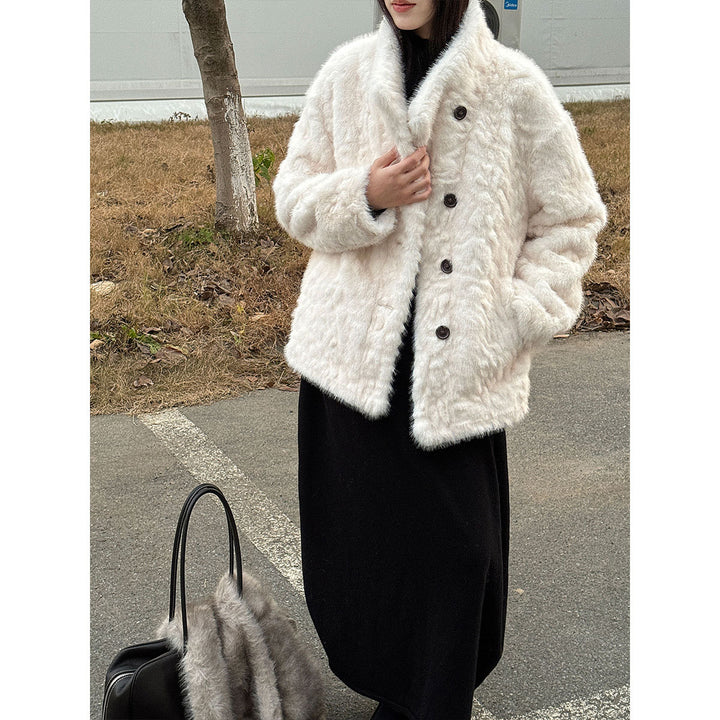 Women's faux fur jacket with standing collar, lined, model 52003