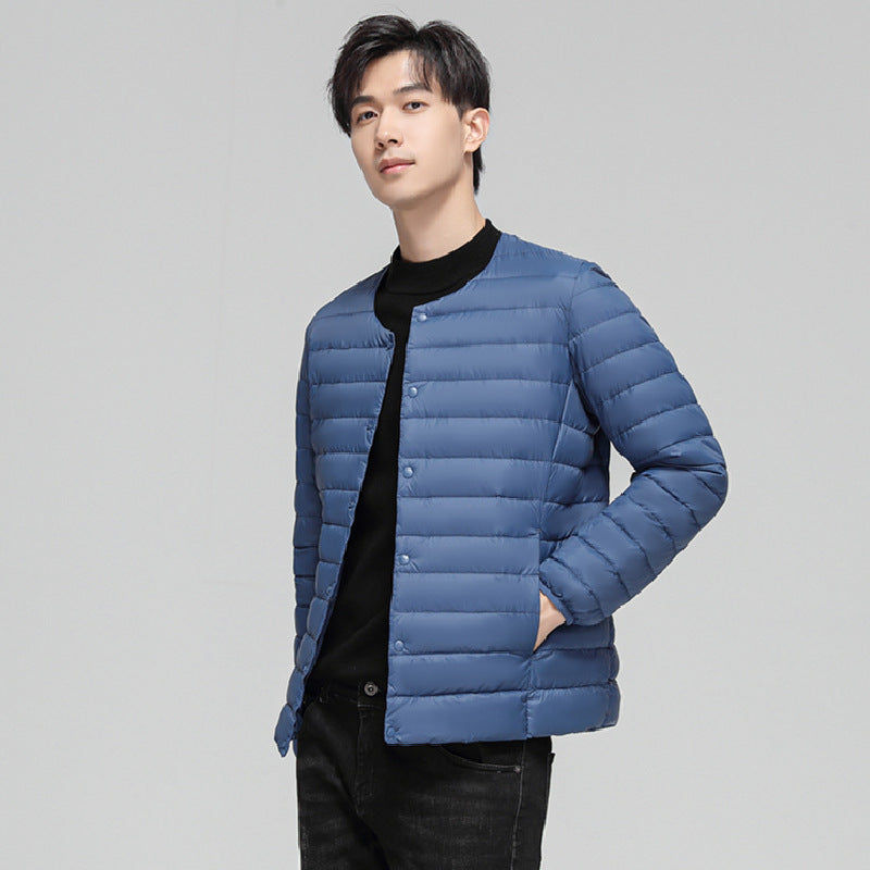 Light men's down jacket, round neck
