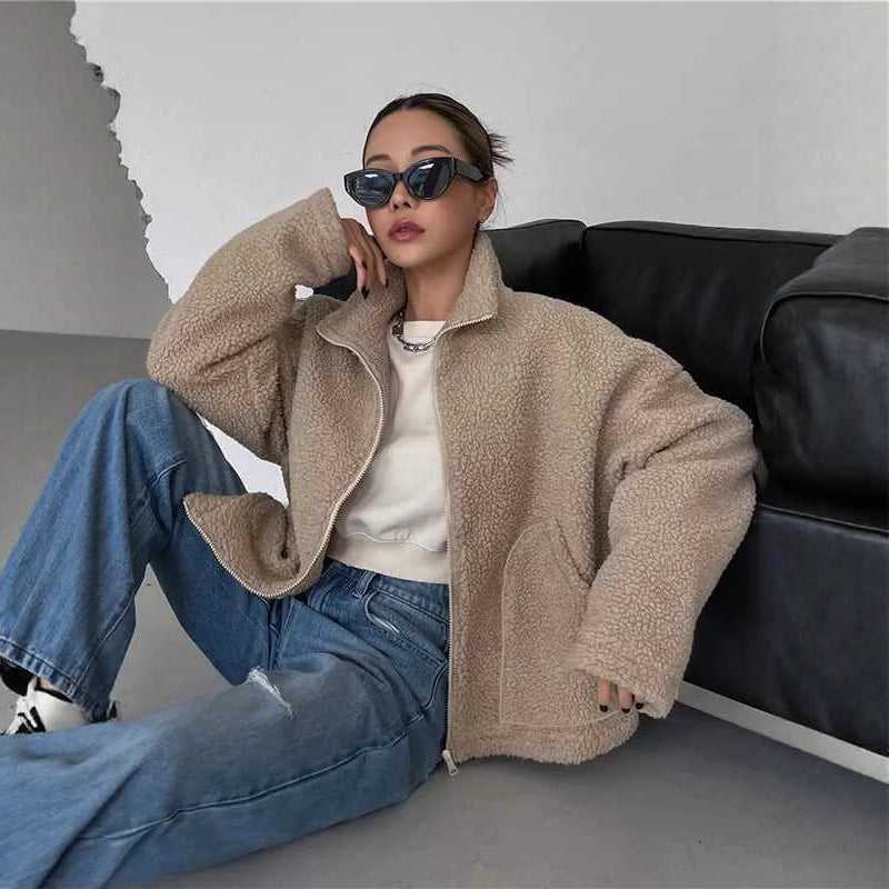 Women's fleece jacket with stand-up collar and zipper