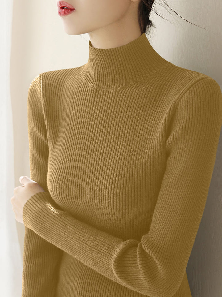 Women's wool knit pullover with half standing collar