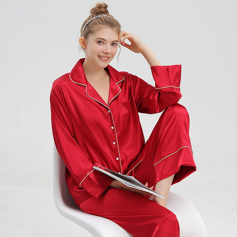 French Women's Pajama Set made of Ice Silk, Long Sleeves