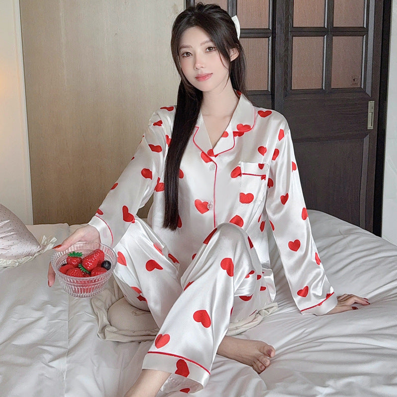 Ladies' loungewear set, two-piece, ice silk feel, heart pattern