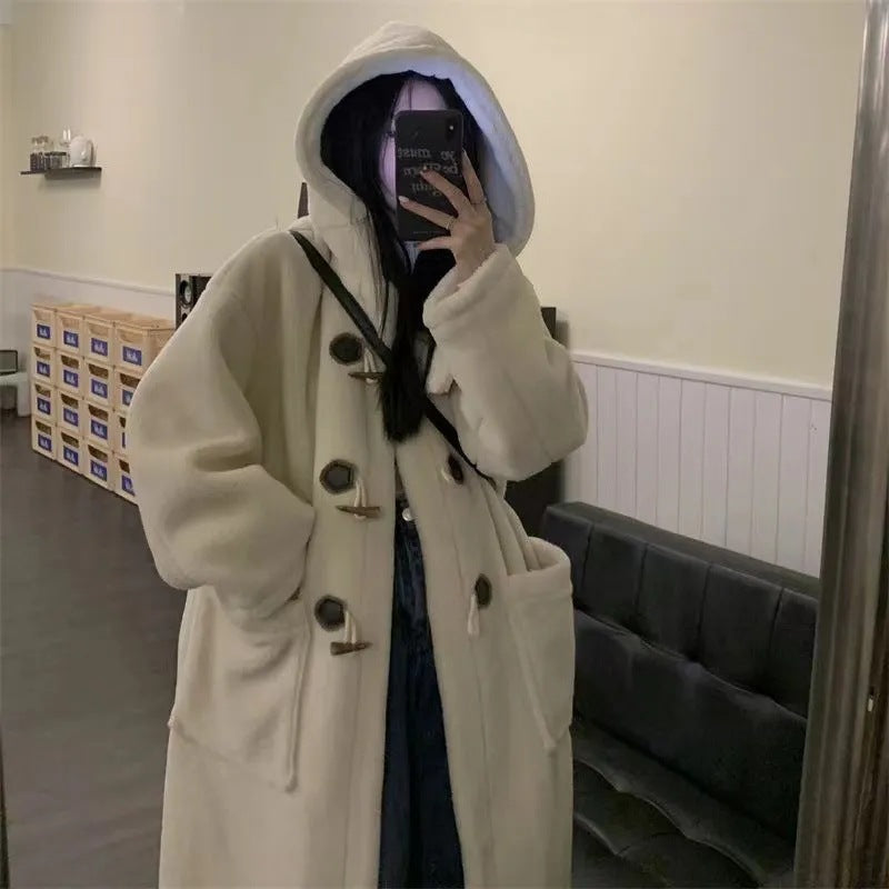 Lamb fleece coat, long, with toggle buttons and hood