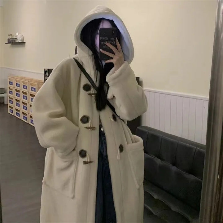 Lamb fleece coat, long, with toggle buttons and hood