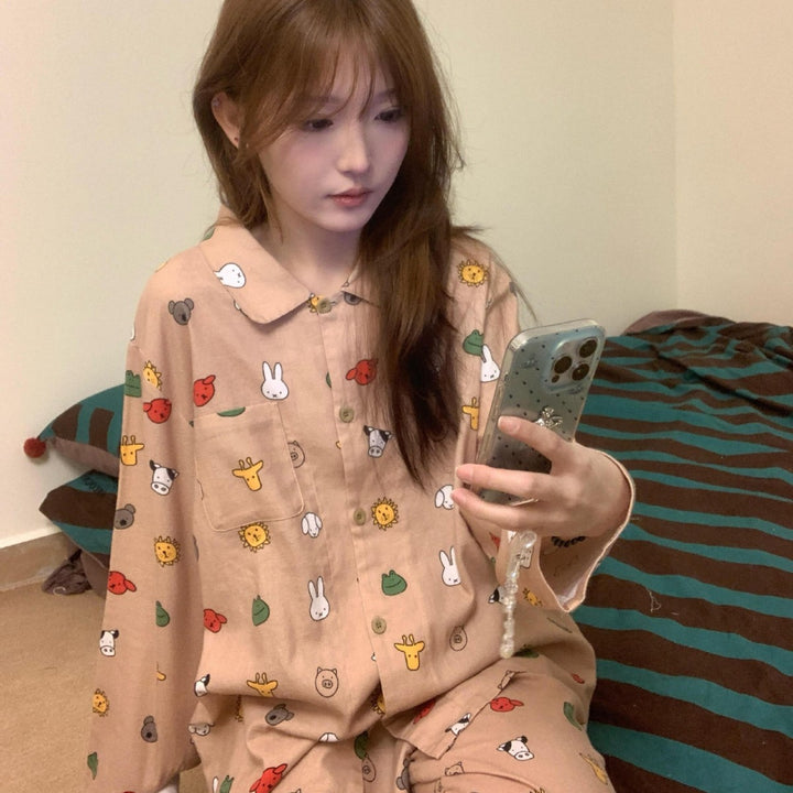 Cotton loungewear, brushed, long, cartoon design