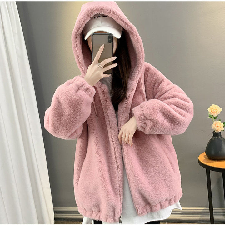 Lammfleece Coat with Hood, Mid-length