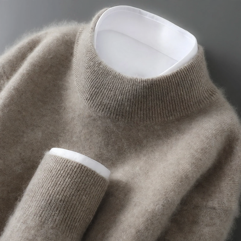 Men's wool sweater with stand-up collar, 100% wool