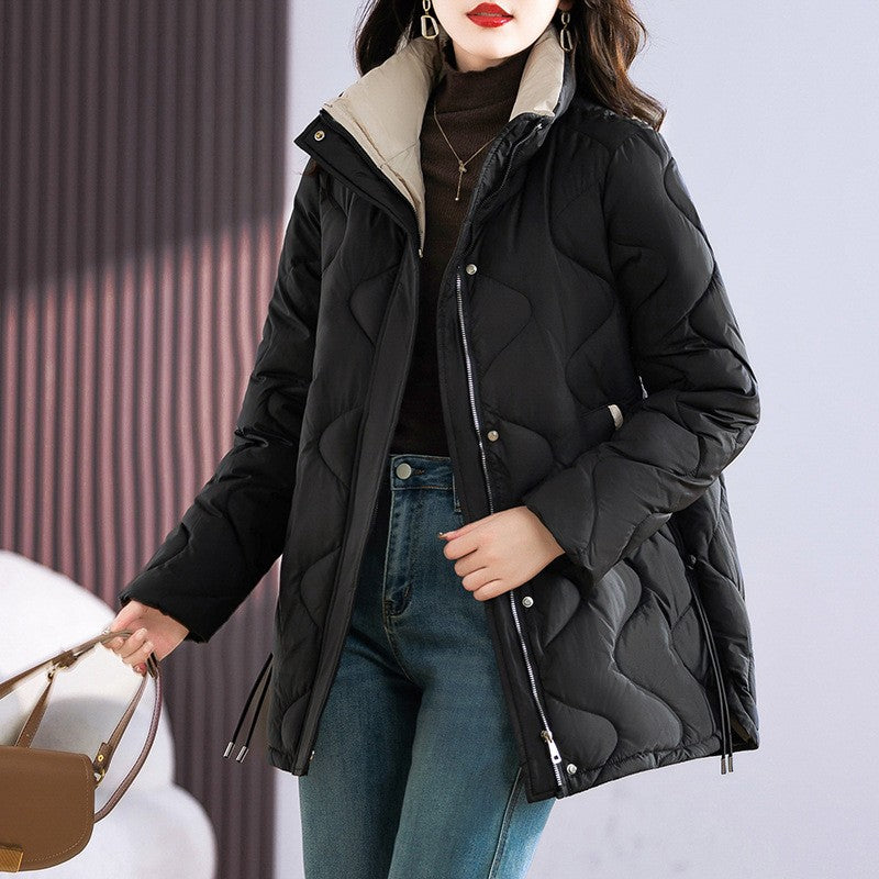 Long women's winter coat with stand-up collar