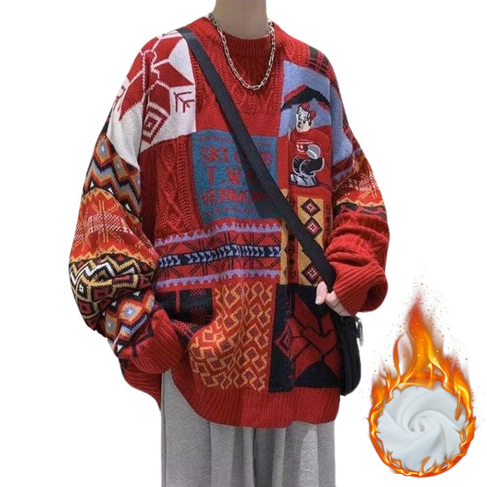 Men's knitted sweater with bear embroidery and stand-up collar