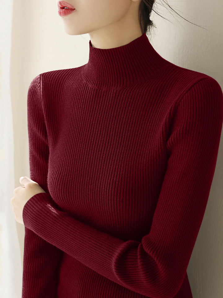 Women's knitted pullover with stand-up collar, slim fit