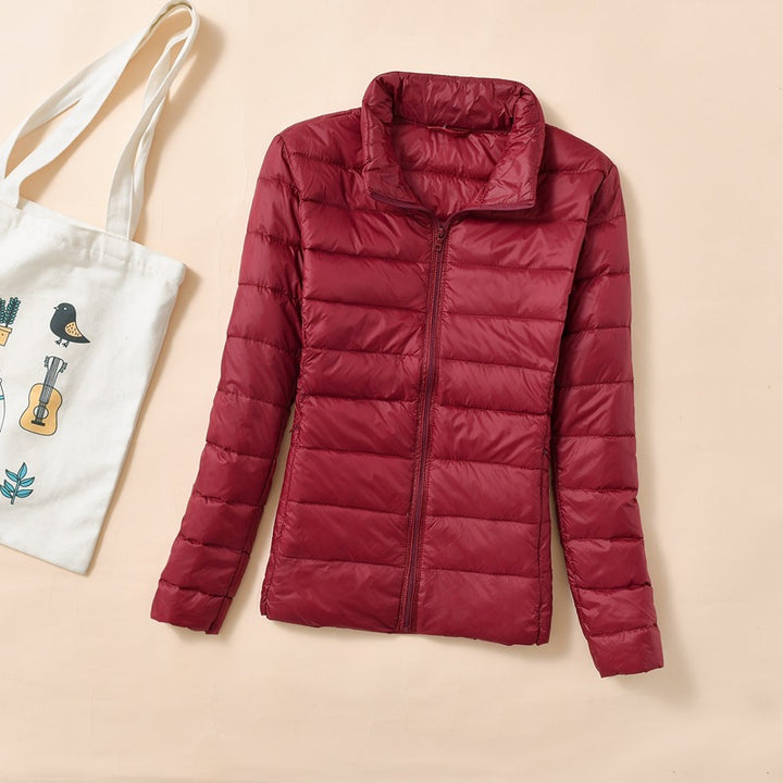 Women's down jacket, short, stand-up collar, fitted, with duck down