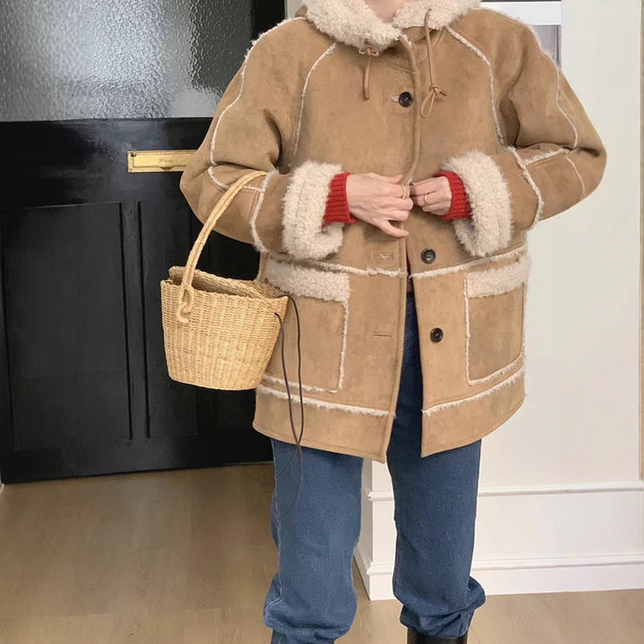 Women's faux lamb fur hooded jacket, casual