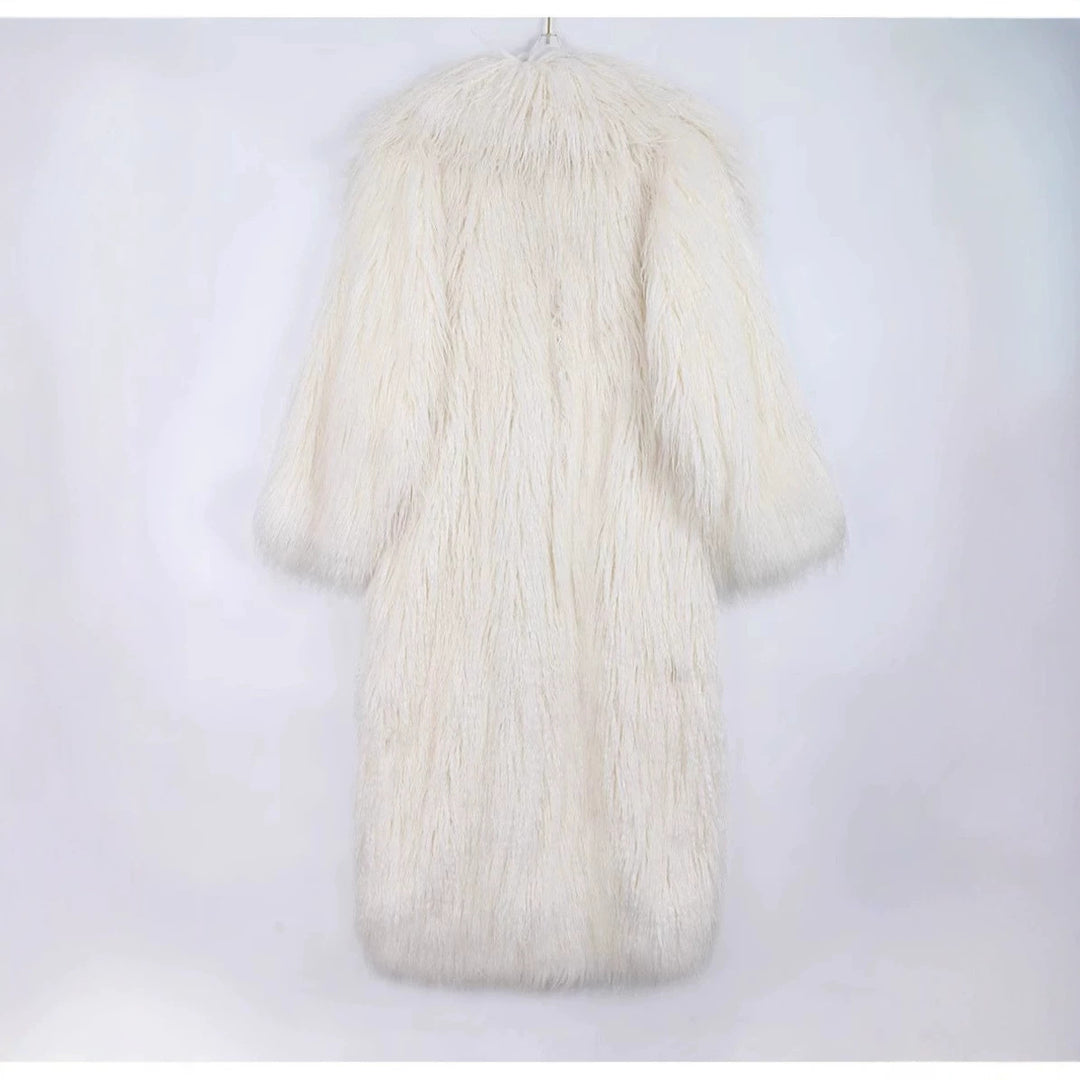 Long faux fur coat with tie belt and lapel collar