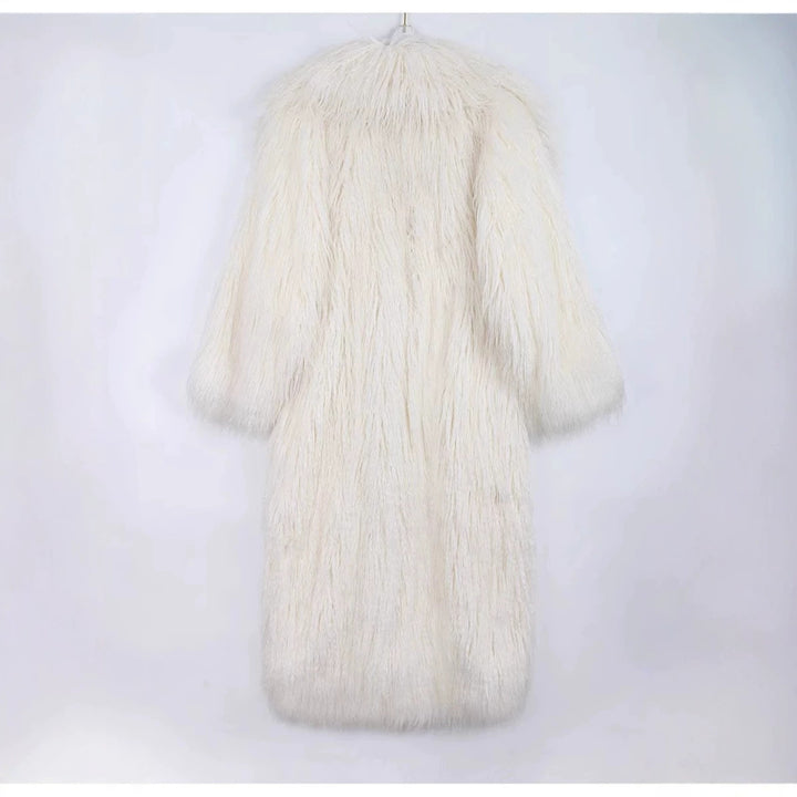 Long faux fur coat with tie belt and lapel collar